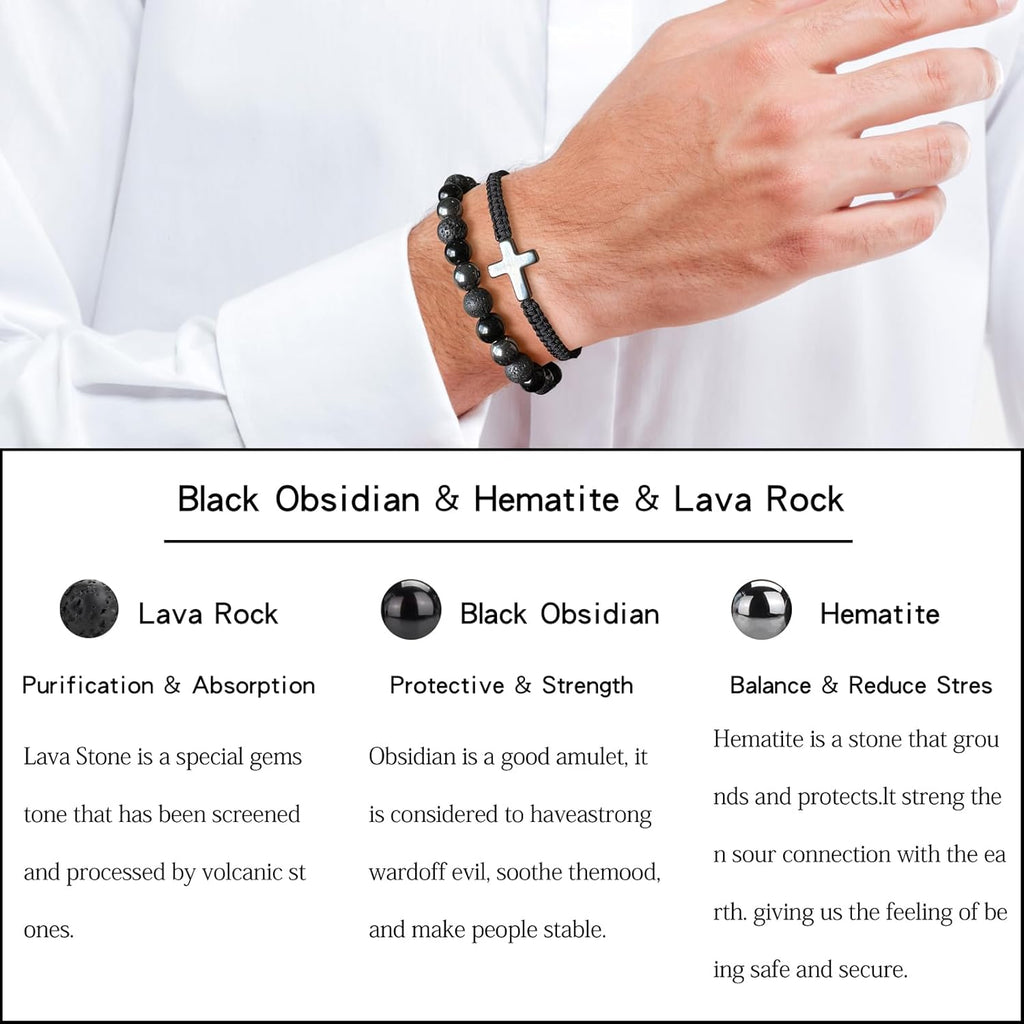 2 pcs Cross Beaded Bracelets for Men,8mm Black Obsidian Tiger eyes Hematite Mens Triple Protection Bracelet Set Fathers Day Birthday Jewelry Gifts