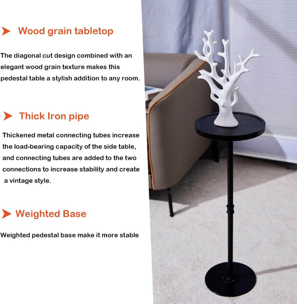 Tall Side Table, Small Round Side Tables, Drink Stand Pedestal Side Table, Accent Martini Coffee Tables, Corner Sofa Bedside End Table for Small Space, Living Room, Bedroom, Black