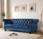 Container Furniture Velvet Chesterfield Couch, Button-Tufted Backrest, Rolled Arms, High-Density Foam with Spring Support, Elegant Accent Piece, Sofa, Dark Blue