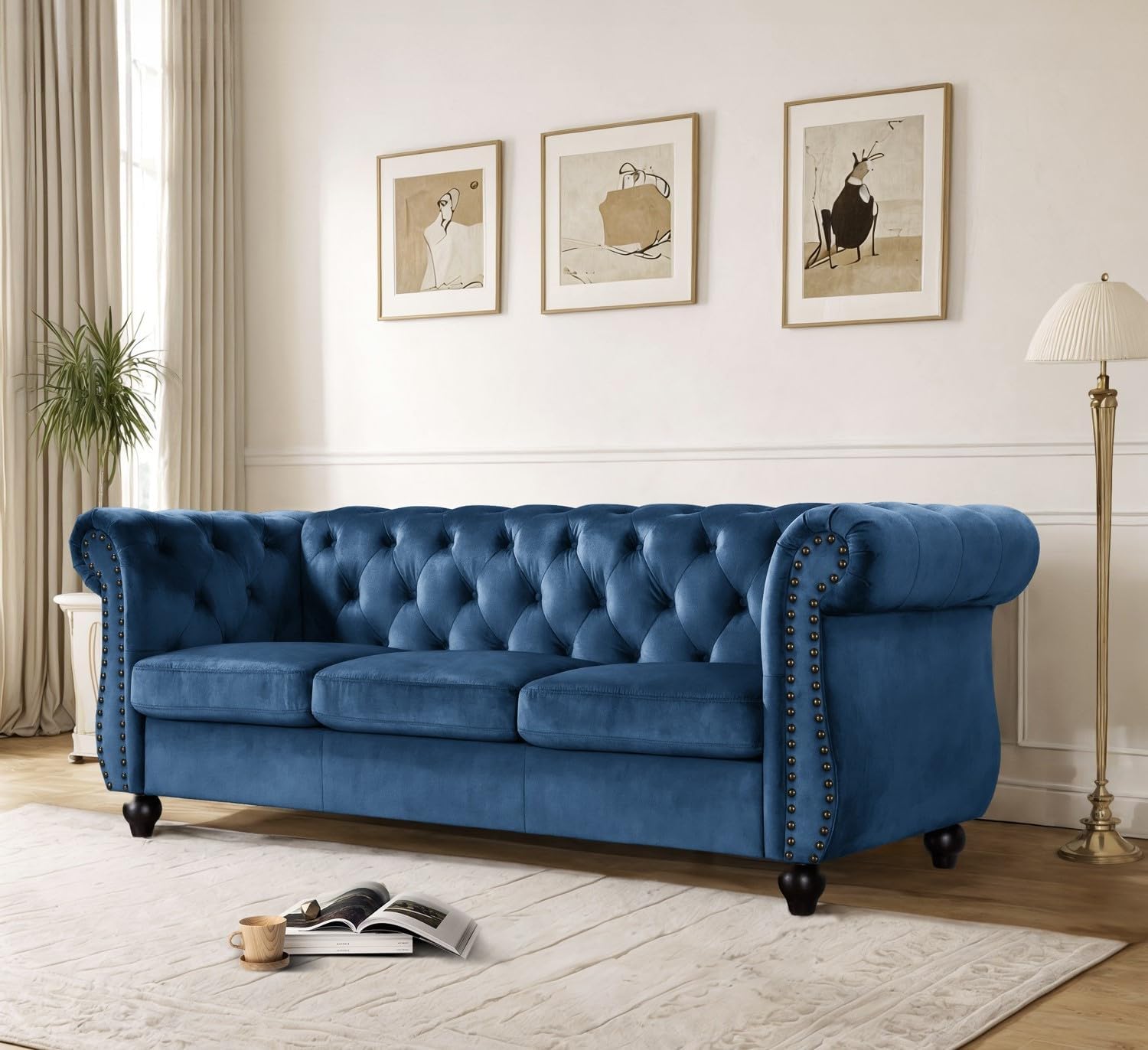 Container Furniture Velvet Chesterfield Couch, Button-Tufted Backrest, Rolled Arms, High-Density Foam with Spring Support, Elegant Accent Piece, Sofa, Dark Blue
