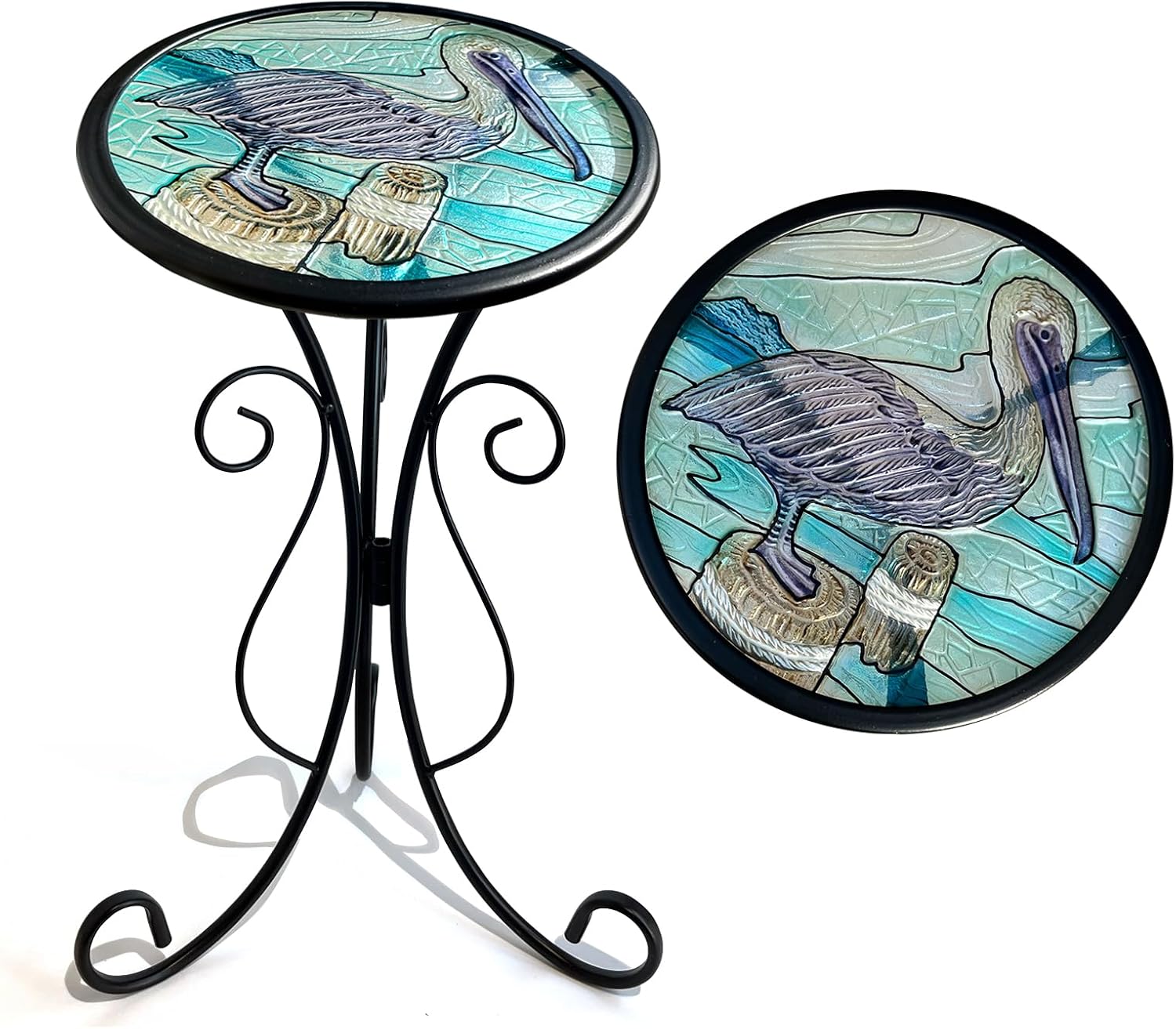 HONGLAND Outdoor Side Table, Small Outdoor Table, 12" Round Patio Side Table End Table, Glass Plant Stand, Small Bistro Coffee Table for Garden Patio Porch Living Room (Pelican)