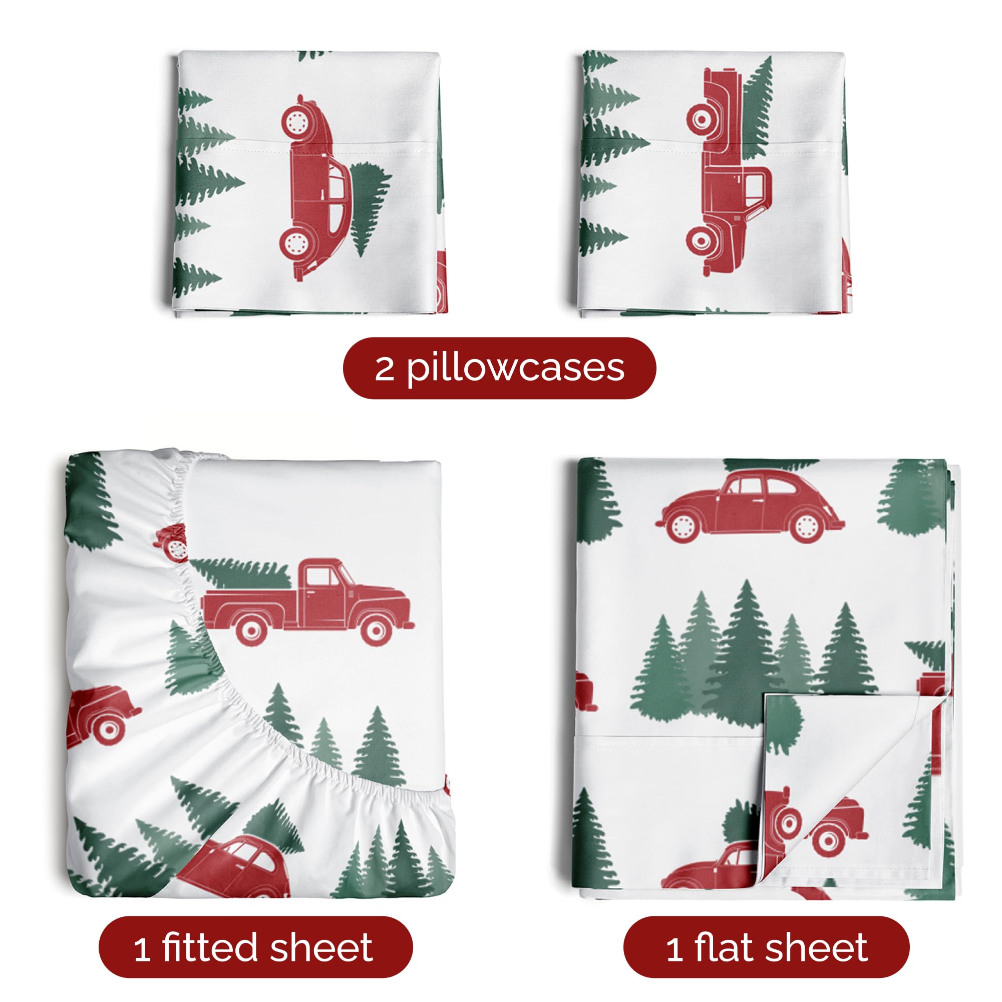 Komplet pościeli King Christmas Tree - Świąteczny wzór Xmas na lnie - Głębokie kieszenie - Dopasowany krój - 4 części - Bez zagnieceń - Wygodna i chłodząca świąteczna pościel zimowa - Łatwa w pielęgnacji - Przyjazna dzieciom