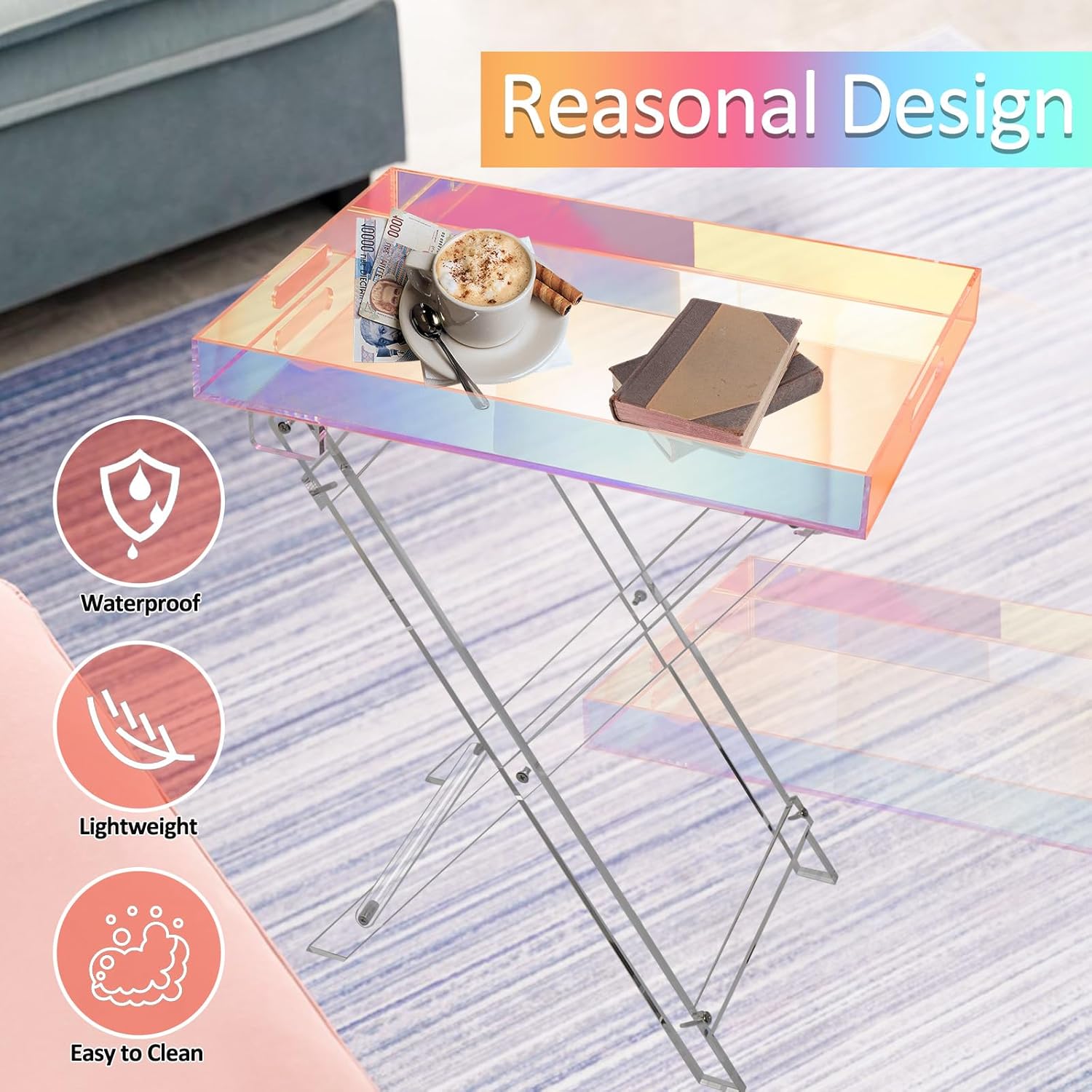 Acrylic Folding Tray Table, Rainbow Color Acrylic Coffee Table, Iridescent Side Table Modern Accent Square End Table for Coffee, Drink, Food, Snack for Living Room & Bedroom