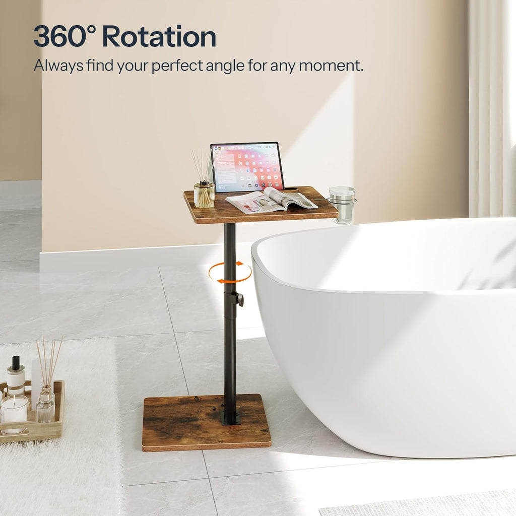 HOOBRO TV Tray Table, 360° Swivel Side Table Sofa Armrest Tray for Couch, Height Adjustable C Shaped End Table, Snack Desk with Cup Holder, for Small Spaces, Rustic Brown and Black BF234BZ01