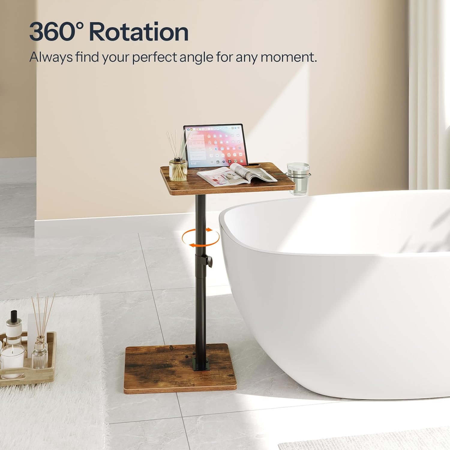 HOOBRO TV Tray Table, 360° Swivel Side Table Sofa Armrest Tray for Couch, Height Adjustable C Shaped End Table, Snack Desk with Cup Holder, for Small Spaces, Rustic Brown and Black BF234BZ01