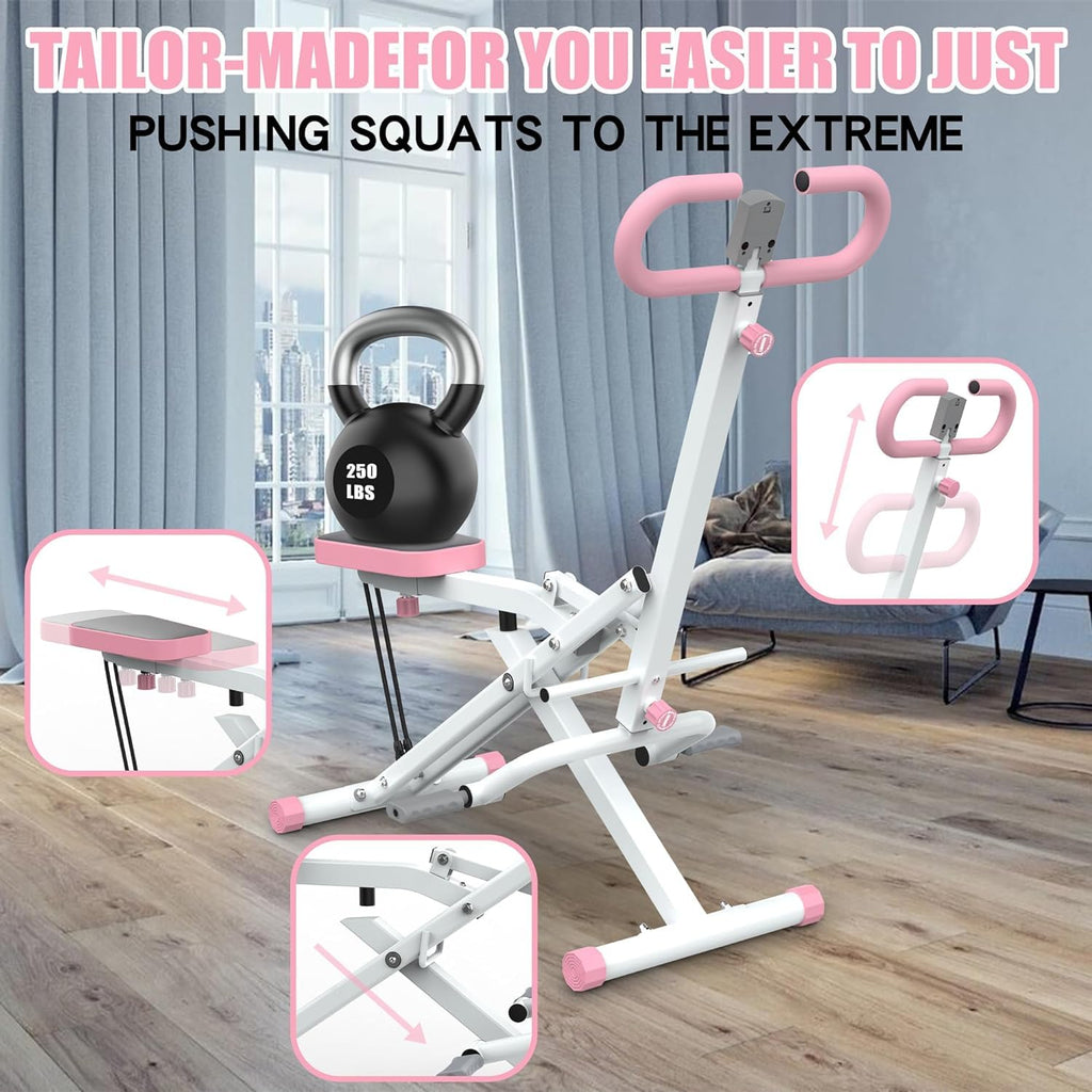 Squat Machine for Home, Squat Ride / Rowing Machine with Adjustable Resistance, Foldable Exercise Equipment, Glute & Leg Cardio Workout Machine (Pink)
