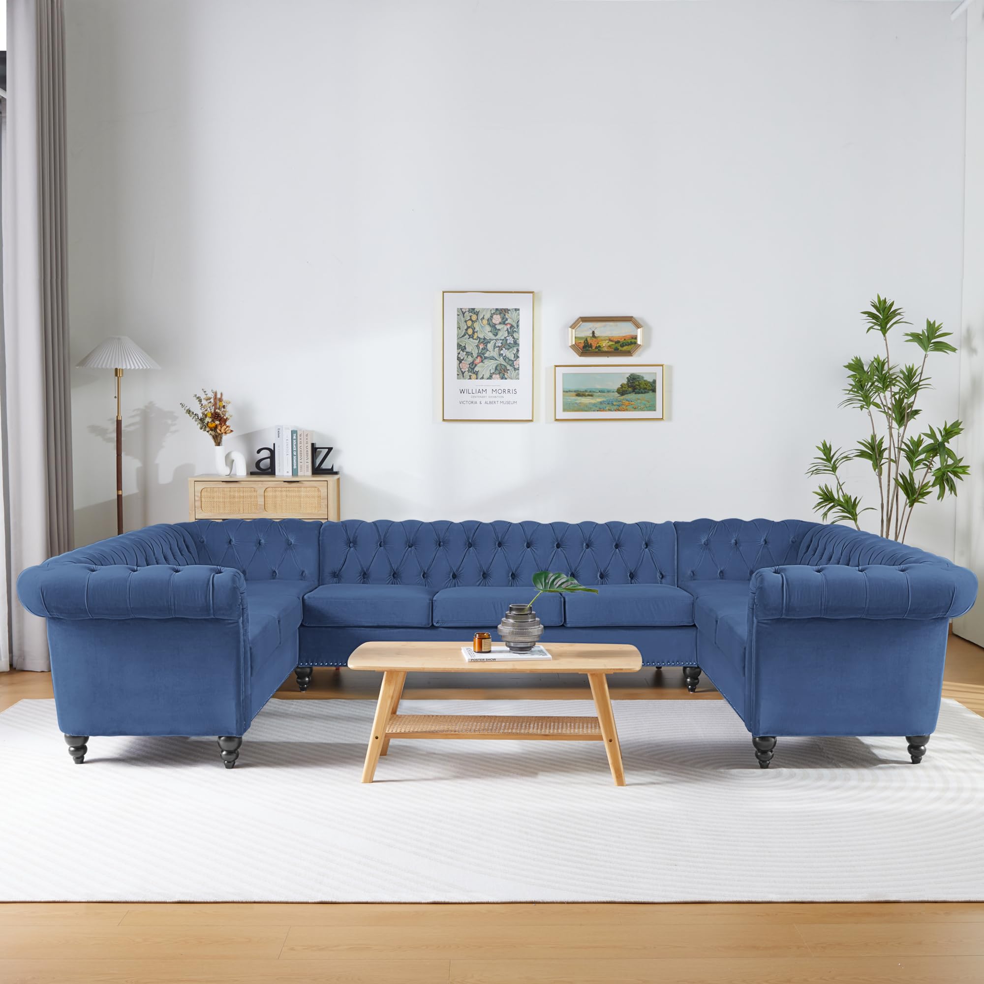 U Shaped Large Sectional Sofa, Chesterfield Leather Faux Couch Tufted Accent Sofa with Scroll Arms and Nailhead for Living Room, Office