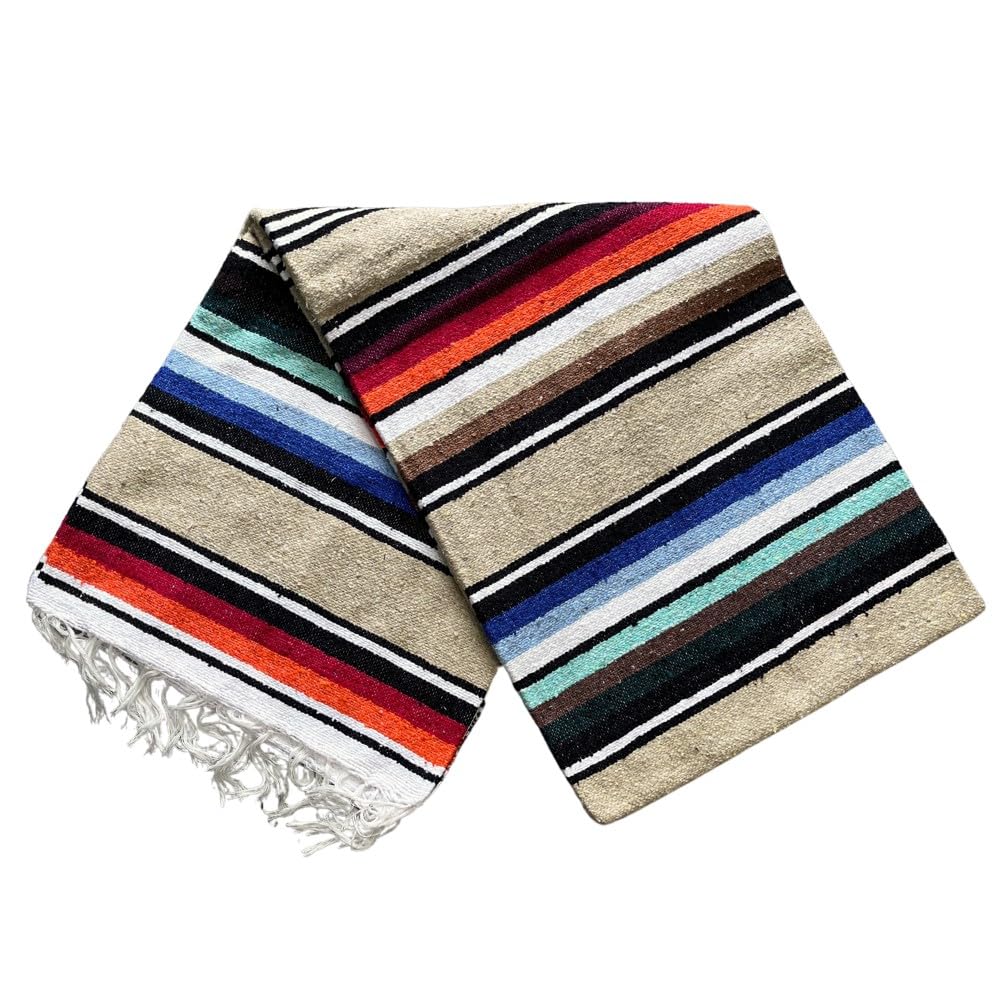 Open Road Goods Authentic Mexican Serape Blanket – 100% Cotton Falsa Blanket - Multi-Color Handmade Mexican Beach Throw (Tan/Beige)