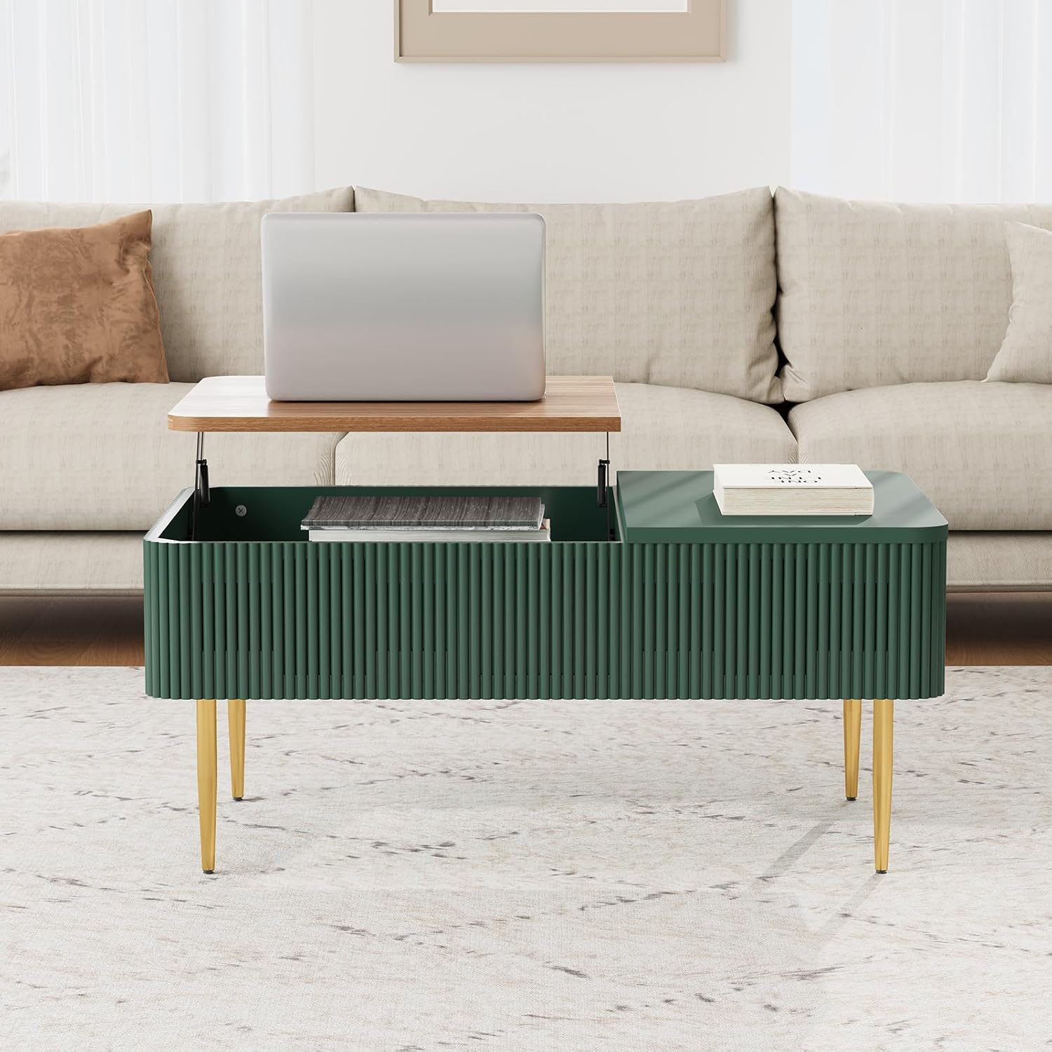 HLR 39" Lift Top Coffee Table with Hidden Storage Compartment, Modern Rising Wood Dining Center Table with Drawer for Small Space, Living Room, Office, Green