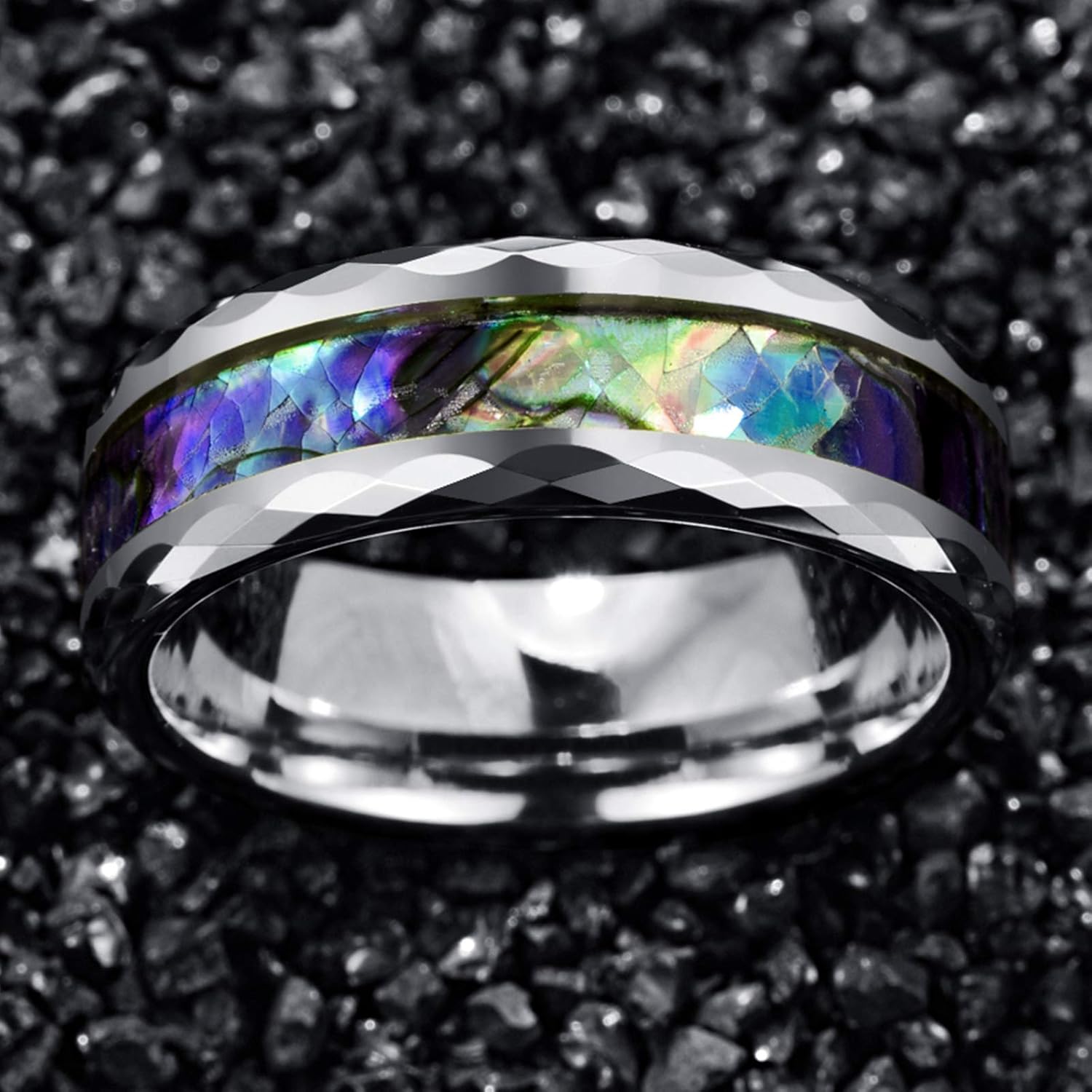 Vakki 8mm Abalone Shell Tungsten Rings for Men Women Black/Silver/Rose Gold Wedding Bands Faceted Edge Comfort Fit Size 5-14