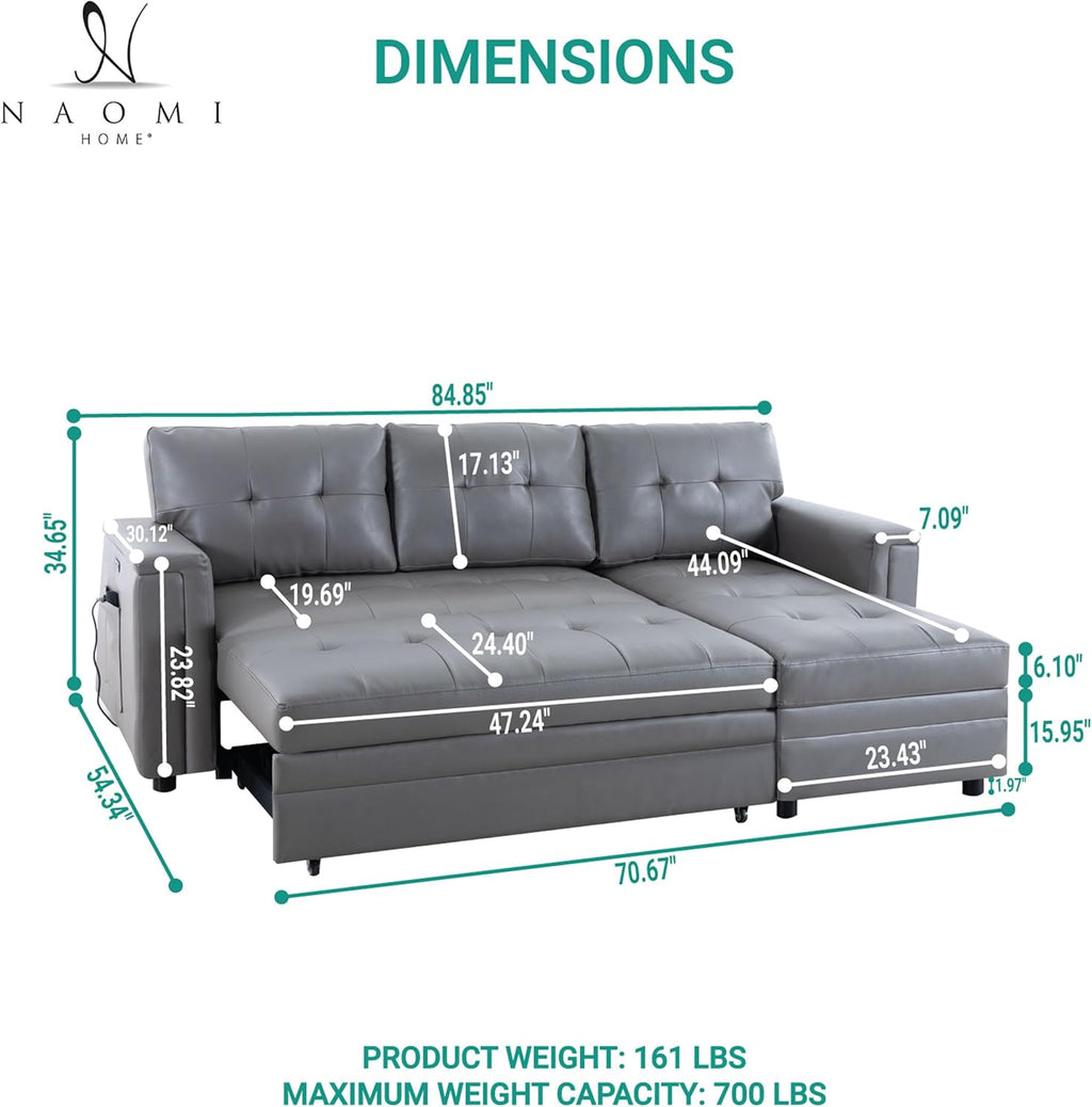 Naomi Home Lily Sectional Sleeper Sofa with USB Ports-L-Shaped Couch Convertible Pull-Out Bed, Ample Storage, Timeless Design, Sturdy Construction, Long-Lasting for Modern Living, Gray, Air Leather
