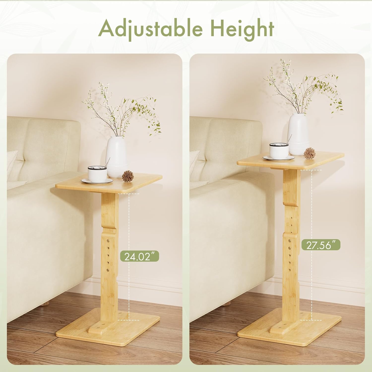Amazer Bamboo End Table, Height Adjustable Side Table for Couch, Small Drink Table for Small Places, Sofa Tray Table for Living Room, Bedroom Home Office, Natural Color