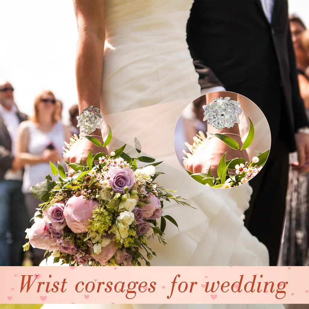 MTLEE 2 Pieces Rhinestone Wrist Corsage Wedding Corsage Wristlet Bracelet Silk Wrist Flower with Peal and Diamond for Wedding Bridesmaid Bridal Shower Prom Party(Silver Ivory)
