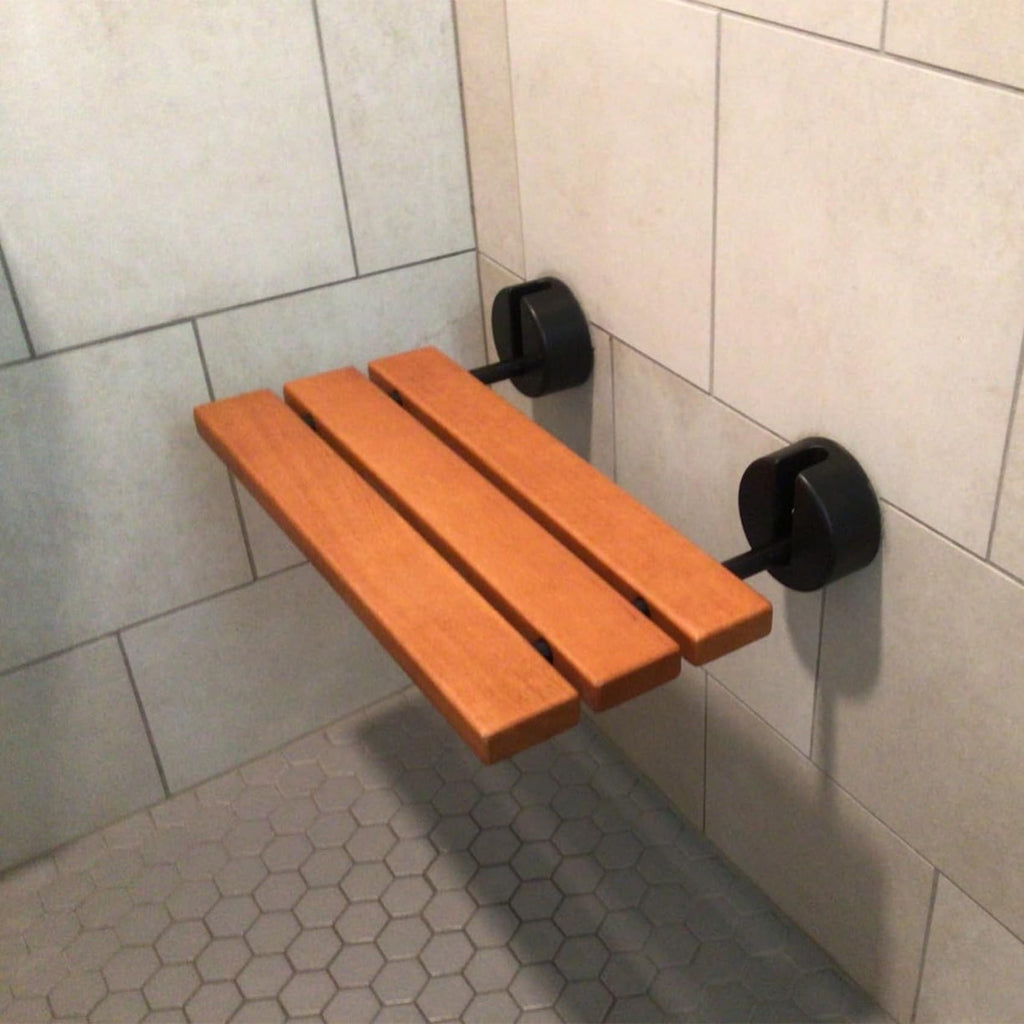 Aowoil 20" Folding Teak Shower Seat Wall Mounted - ADA Compliant Foldable Shower Bench, Natural Solid Teak, 300lb Capacity, Drainage Design - Bathroom Safety Stool for Elderly & Home Care