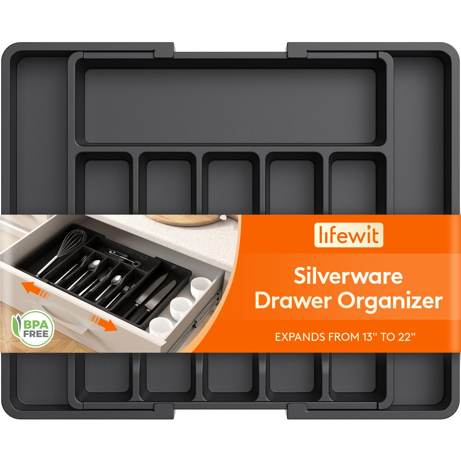 Lifewit Silverware Drawer Organizer, Expandable Utensil Tray for Kitchen, BPA Free Flatware and Cutlery Holder, Adjustable Plastic Storage for Spoons Forks Knives, 8.5-14 x 12", Black