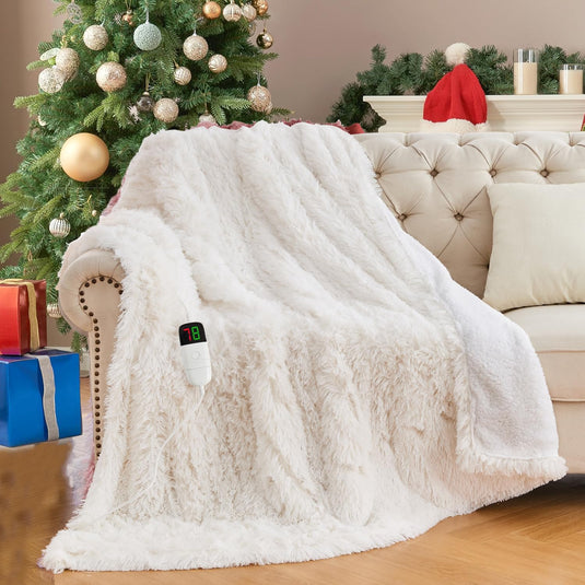 Heated Electric Blanket Faux Fur Throw Size with Fluffy Sherpa Back, Warming Plush Blanket Gift Soft Heating Blankets with 10 Heat Settings, 5 Time Settings, ETL 50"x60",Charcoal Grey