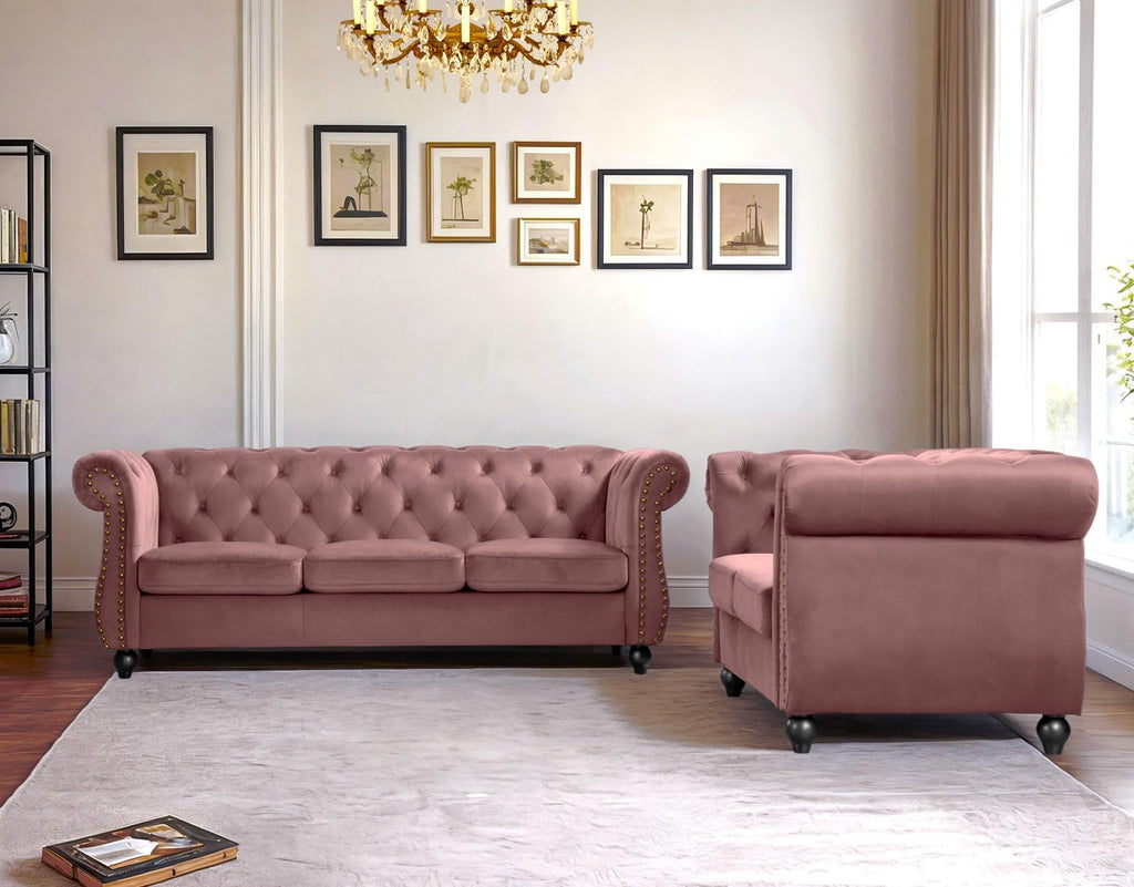 Container Furniture Velvet Chesterfield Couch, Button-Tufted Backrest, Rolled Arms, High-Density Foam with Spring Support, Elegant Accent Piece, Sofa, Dark Blue