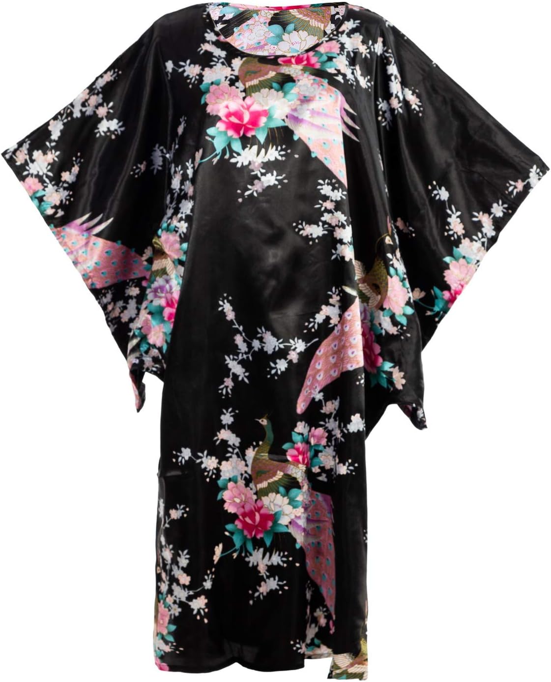 Flower Peacock Satin Silk Kimono Dress, Nightgown, Housedress One Size Fits Most Dressing Gown Robe