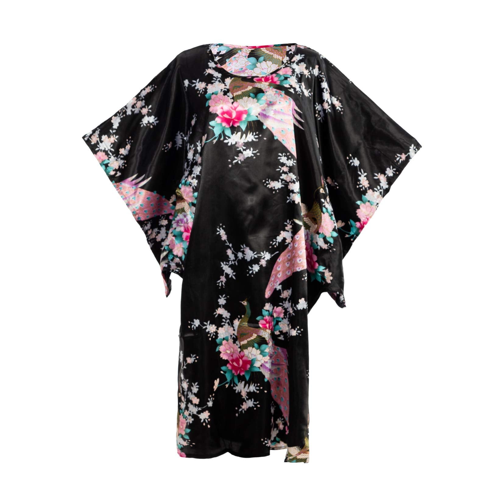Flower Peacock Satin Silk Kimono Dress, Nightgown, Housedress One Size Fits Most Dressing Gown Robe