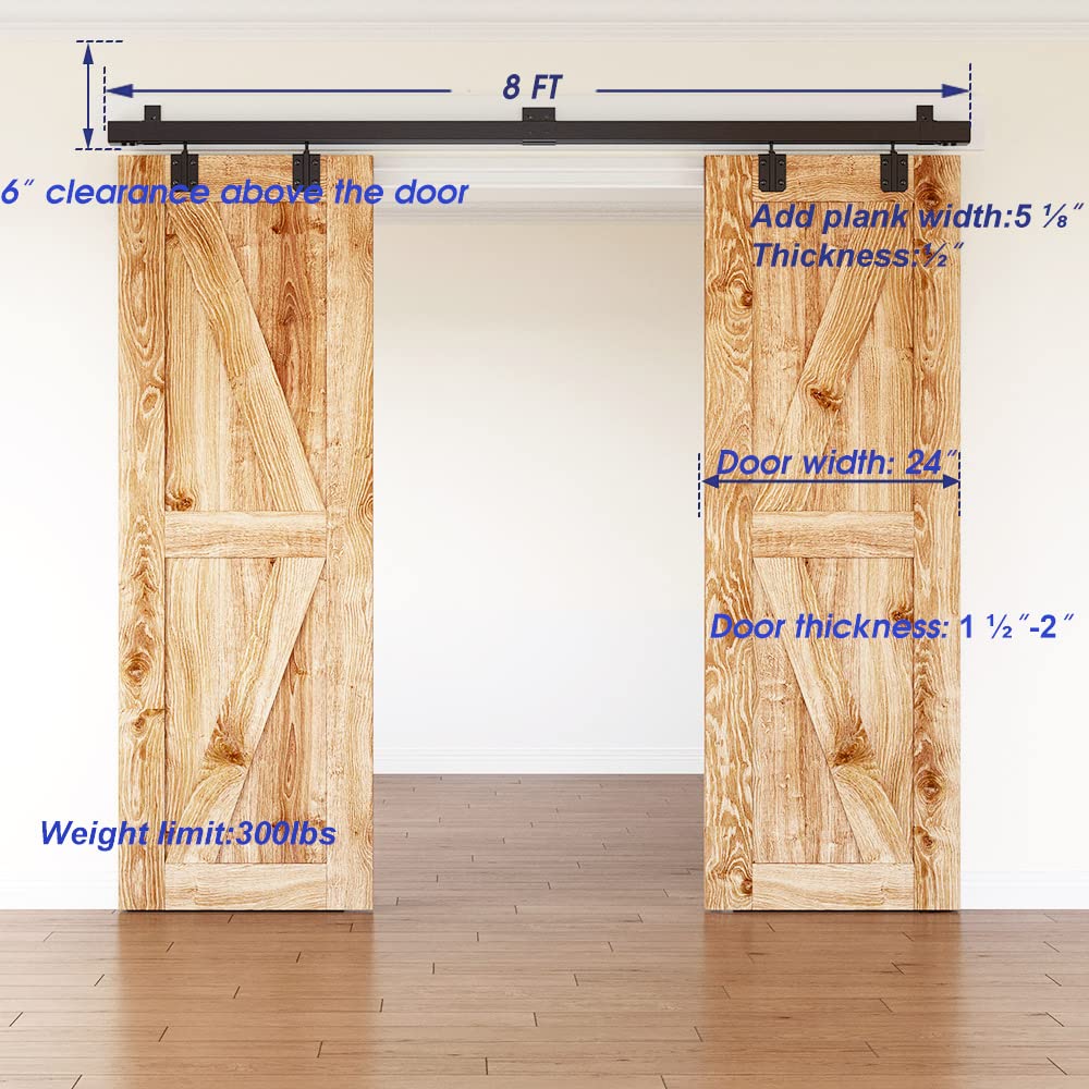 SMARTSMITH 8FT Box Rail Hardware Heavy Duty Steel Sliding Barn Door Track, Wall Mount Kit, Fit Indoor and Exterior Door, Smoothly and Quietly Easy to Install Double Door
