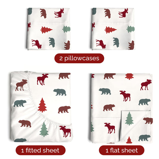 King Christmas Tree Sheet Set - Holiday Xmas Pattern Linen Set - Deep Pockets - Snug Fit - 4 Piece - Wrinkle Free - Comfy & Cooling Festive Winter Bedding - Easy To Care For - Kid Friendly