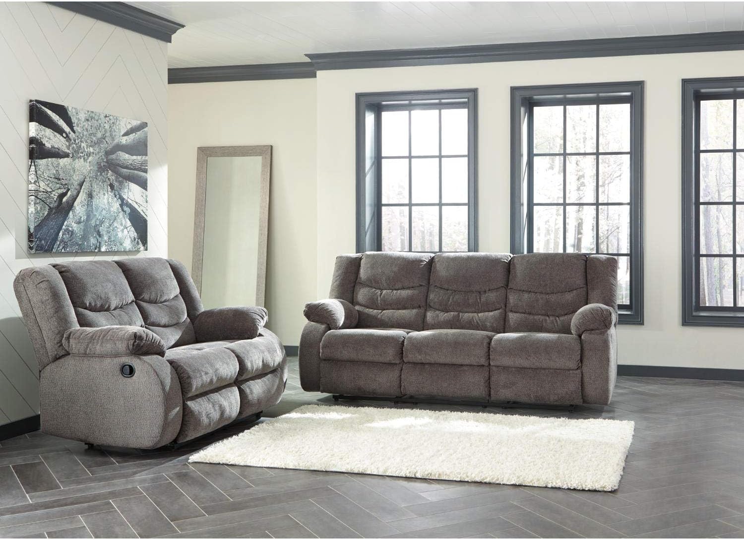 Signature Design by Ashley Tulen Modern Manual Pull Tab Reclining Loveseat, Dark Gray