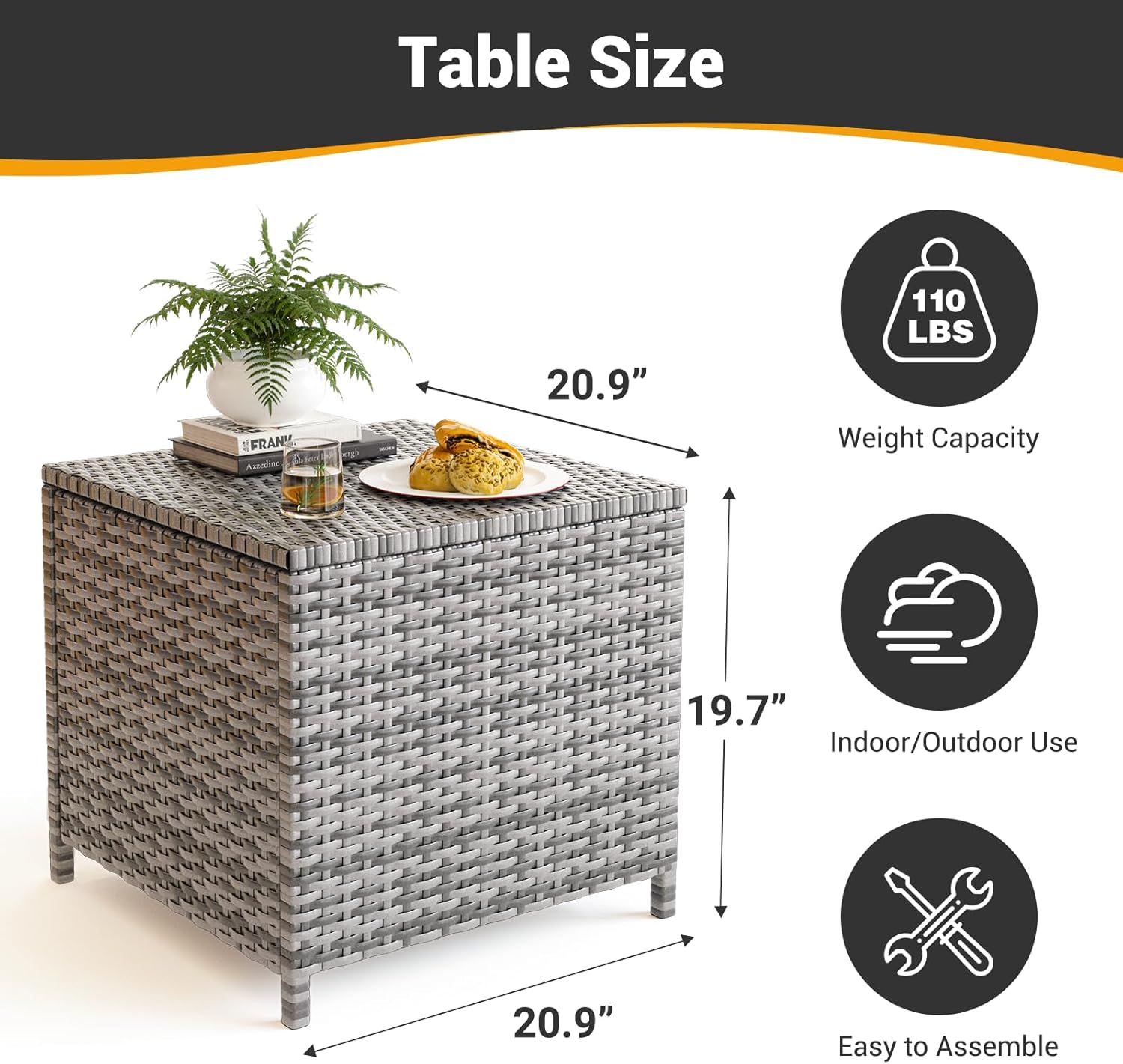 UDPATIO Outdoor Wicker Side Table with Storage Patio Rattan End Table Small Resin Square Container Coffee Table Backyard Pool for Furniture Covers, Toys and Gardening Tools (Grey)