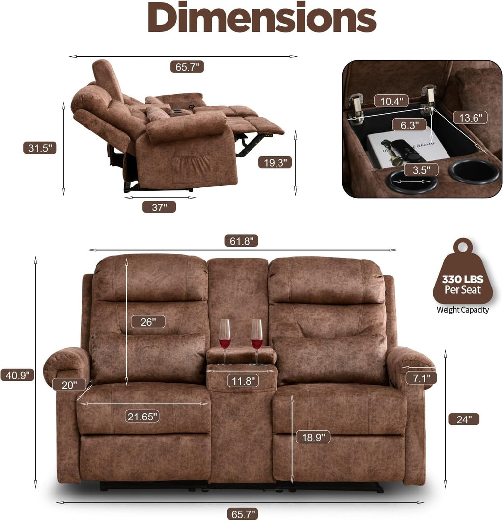 Reclining Loveseat Sofa, RV Loveseat Recliner with Console, Manual Home Theater Seating Loveseat with Cup Holders/Pockets, RV recliners for Living Room (Brown)