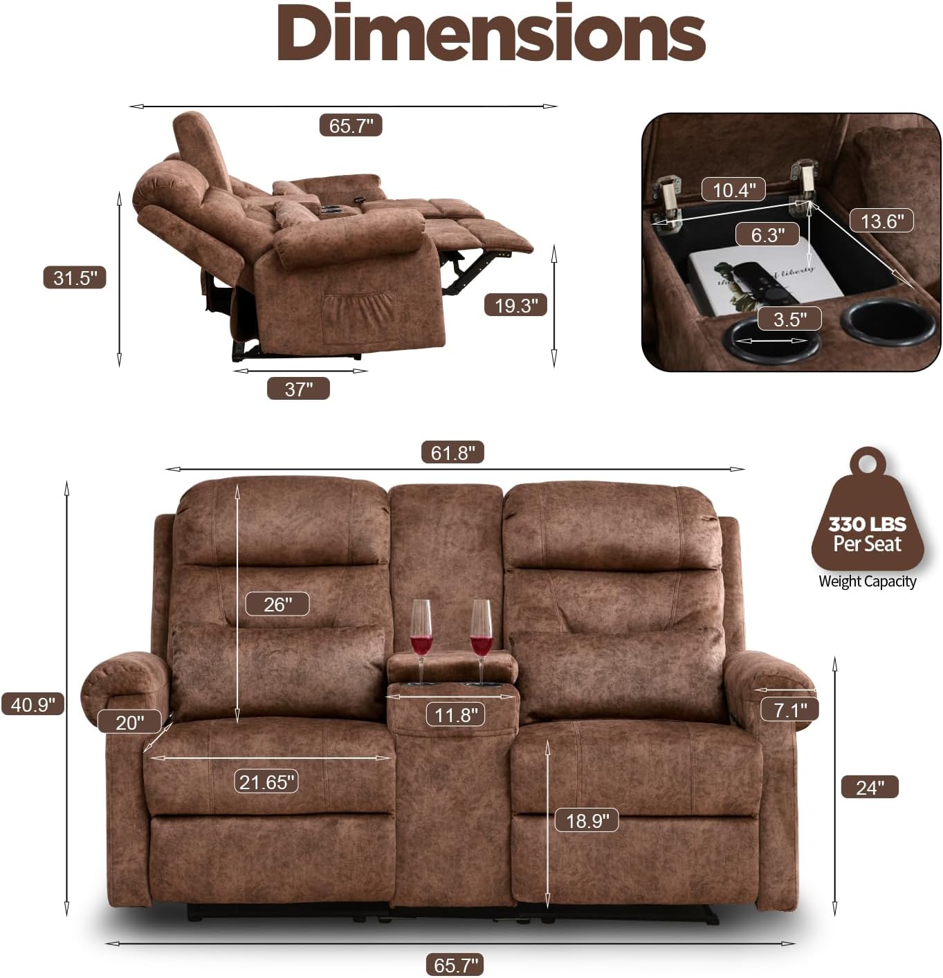 Reclining Loveseat Sofa, RV Loveseat Recliner with Console, Manual Home Theater Seating Loveseat with Cup Holders/Pockets, RV recliners for Living Room (Brown)