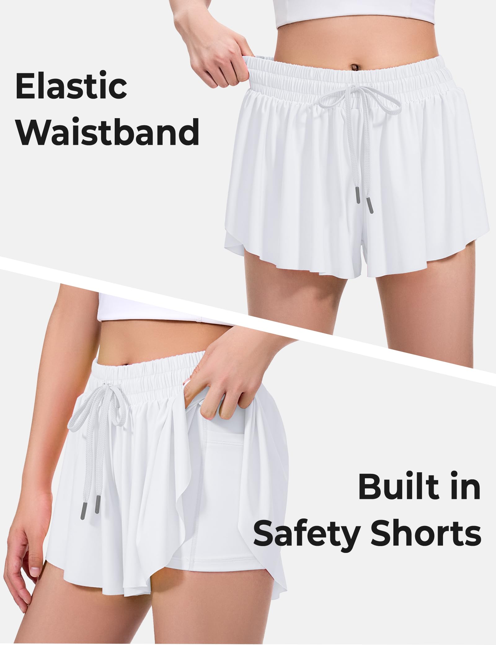 BOOPH Girls Flowy Shorts Athletic Butterfly Shorts Girls with Inner Pockets for Running Tennis White 9-10Y