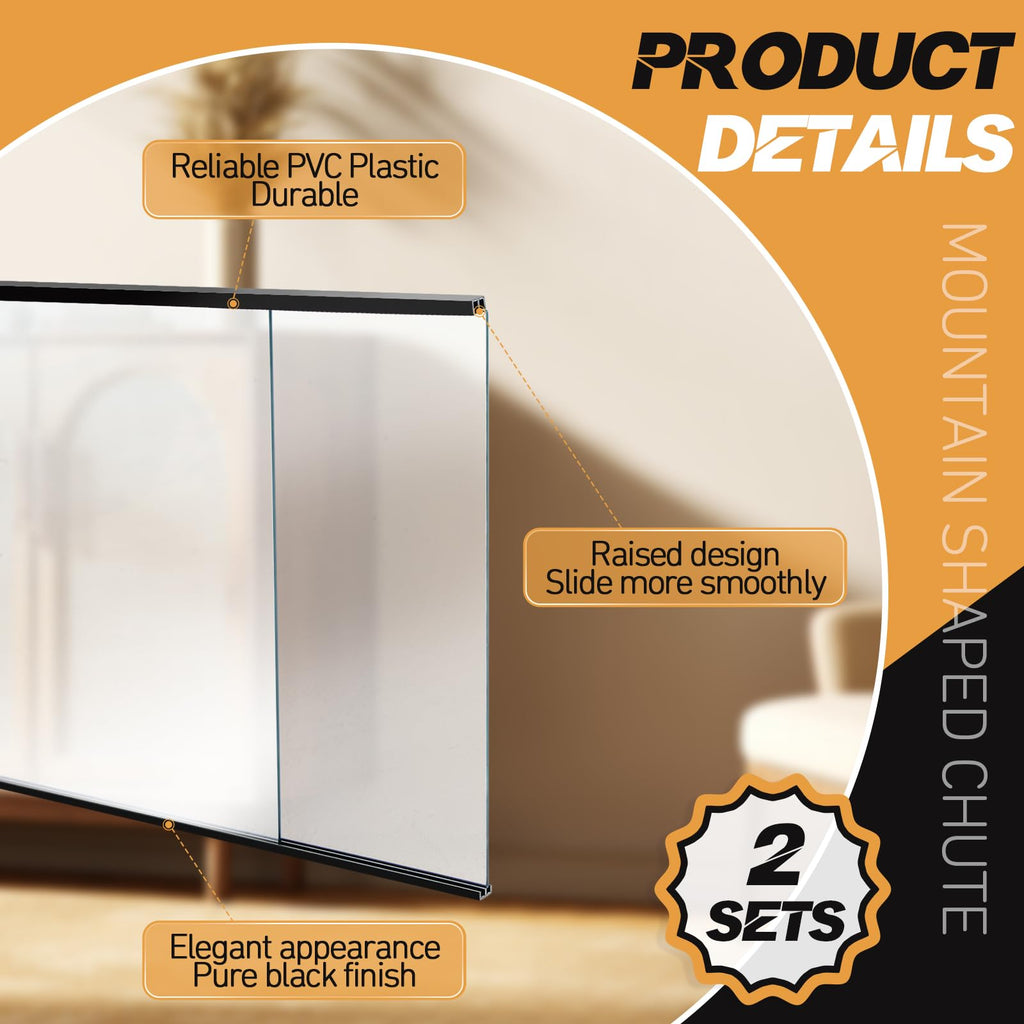 Landical 2 ensembles de rails de porte coulissante de 4FT pour panneaux de 1/8" d'épaisseur Portes de placard en verre Rail coulissant pour fenêtre d'armoire en plastique (Noir)