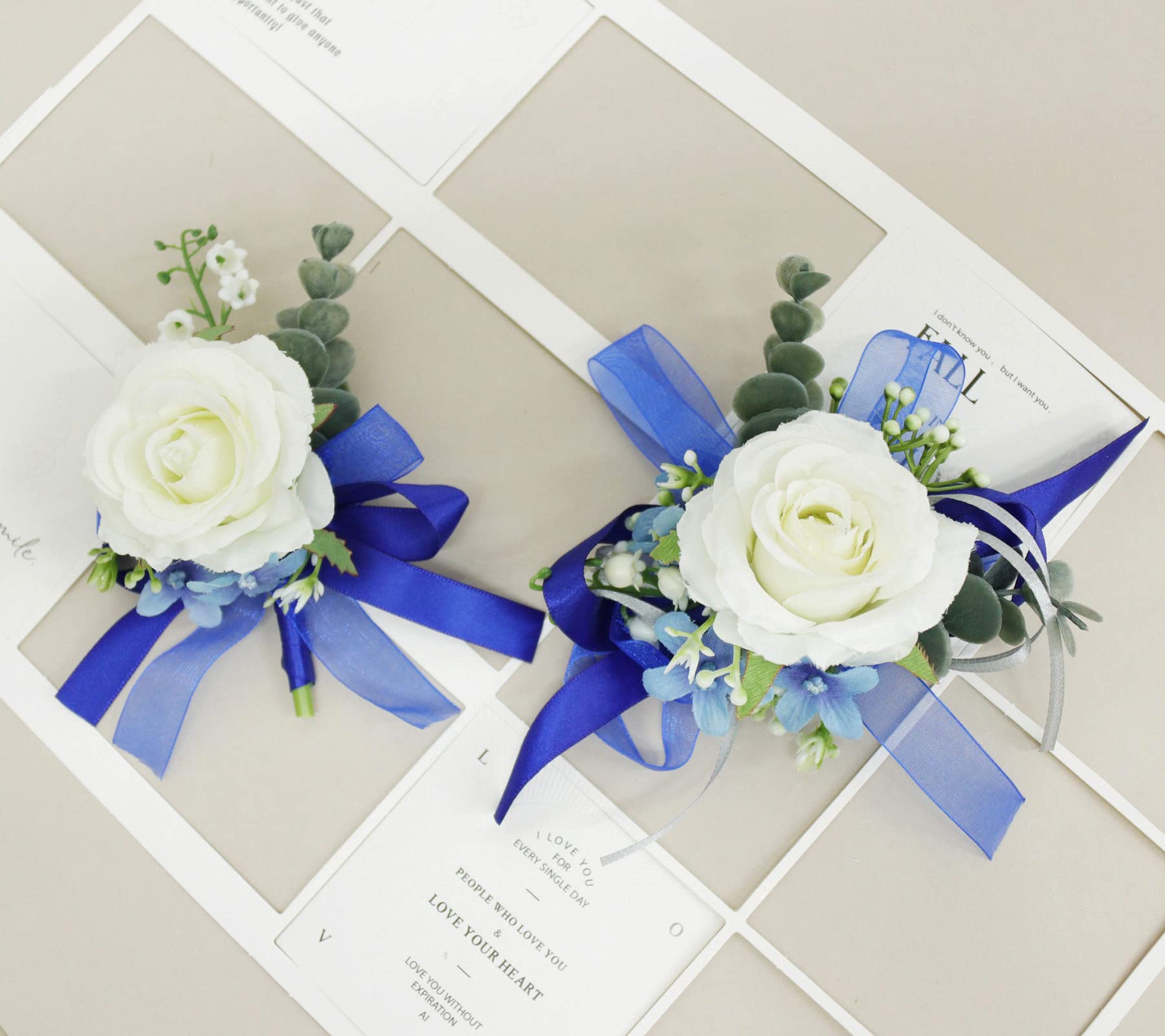 ست گل مچ‌بند و گل سینه MAFELOE با گل‌های رز مصنوعی، لوازم جانبی برای داماد، عروس، ساقدوش‌ها، مهمانی عروسی، مهمانی رقص - آبی سفید، 2 قطعه