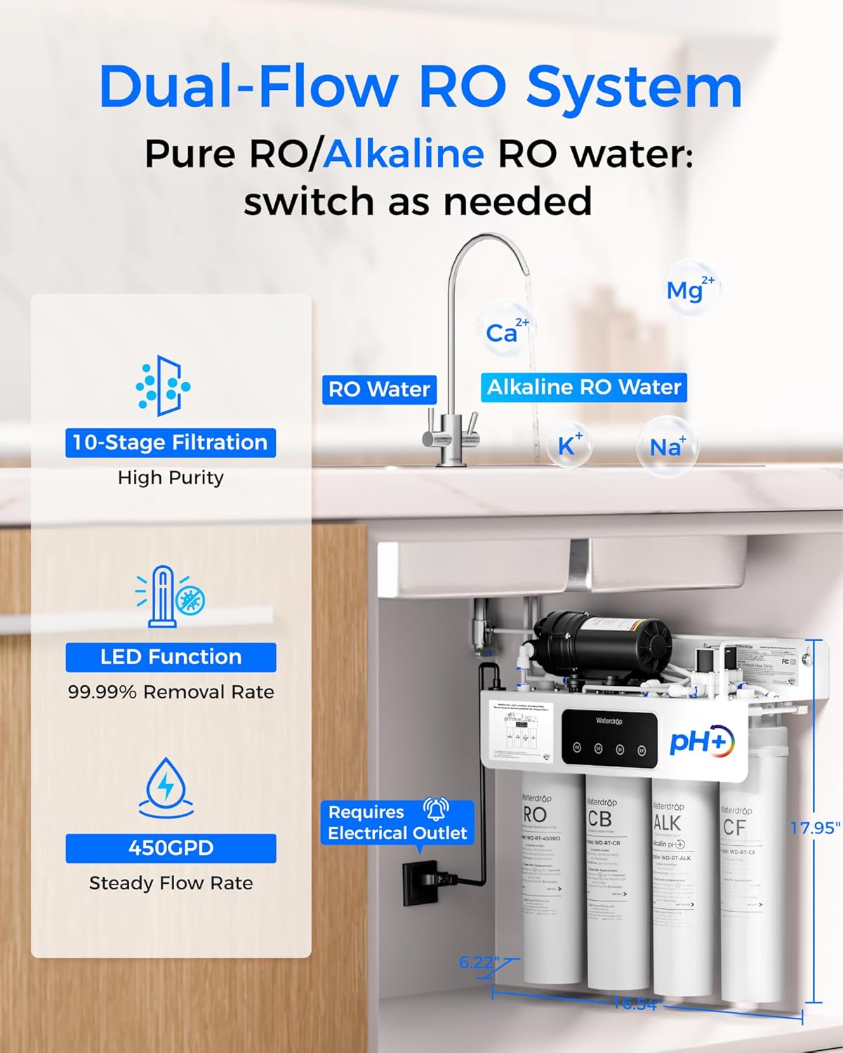 [Dual Flow] Waterdrop WD-T4-A Alkaline pH+ Reverse Osmosis Water Filter, NSF/ANSI 372 Certified, 10-Stage, 450GPD Tankless Undersink RO Filtration System, 2:1 Pure to Drain, BPA Free, Plug-in required