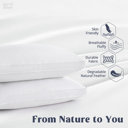 puredown® Goose Feathers and Down White Pillows with 100% Cotton Cover, Bed Sleeping Hotel Collection Pillows Set of 2, Standard Size