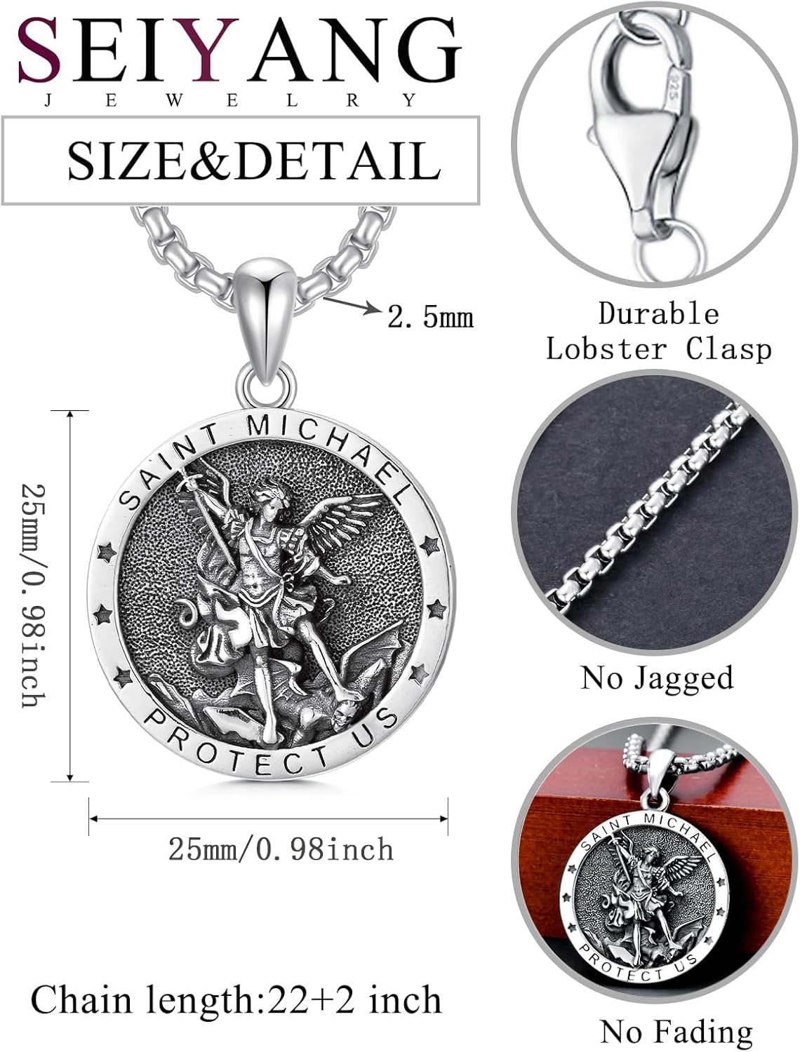 Seiyang Saint Necklace 925 Sterling Silver Patron Amulet Medal Jewelry for Men Women (with Gift Box)