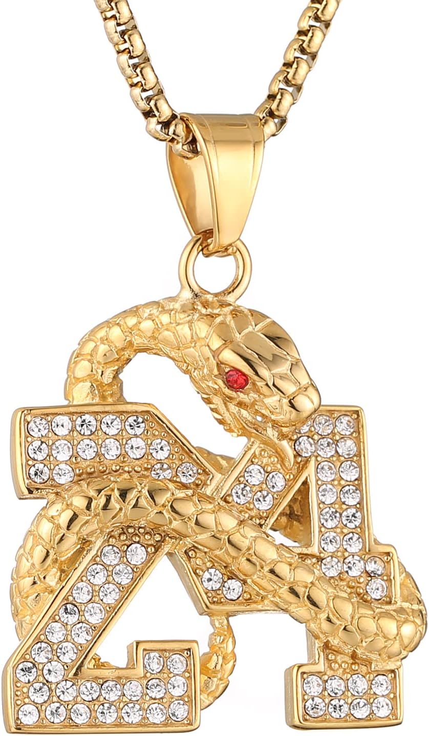AsAlways 18K Gold Plated Memorial 24 Legend Basketball Number Pendant Inlay CZ Hip Hop Rock Punk Totem Amulet Charm Snake Necklace Gift Jewelry