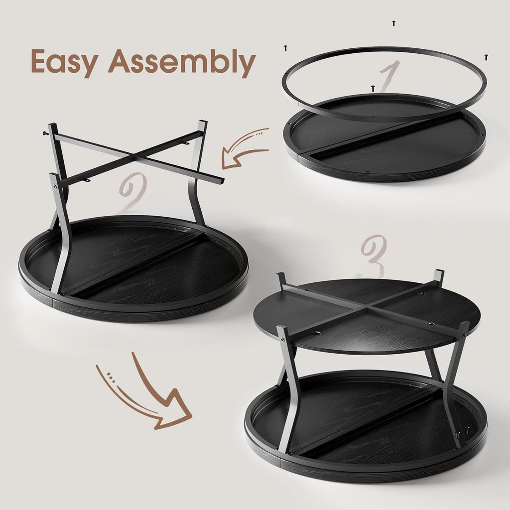 Round Coffee Table, Circle Wood Coffee Tables for Living Room, 2 Tier Industrial Modern Center Table with Thickened Tabletop and Metal Frame, 31.5 inch (Black)