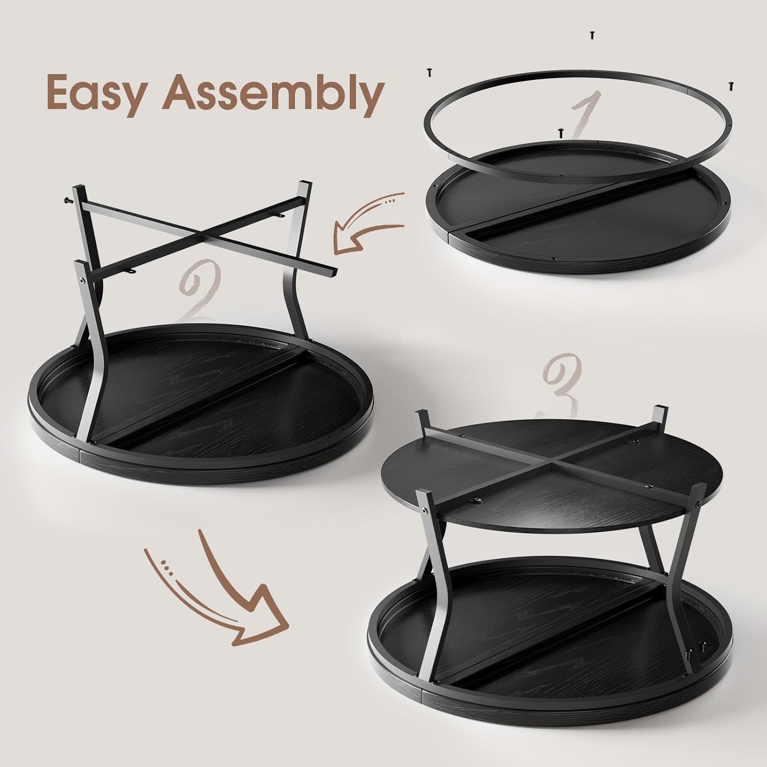 Round Coffee Table, Circle Wood Coffee Tables for Living Room, 2 Tier Industrial Modern Center Table with Thickened Tabletop and Metal Frame, 31.5 inch (Black)