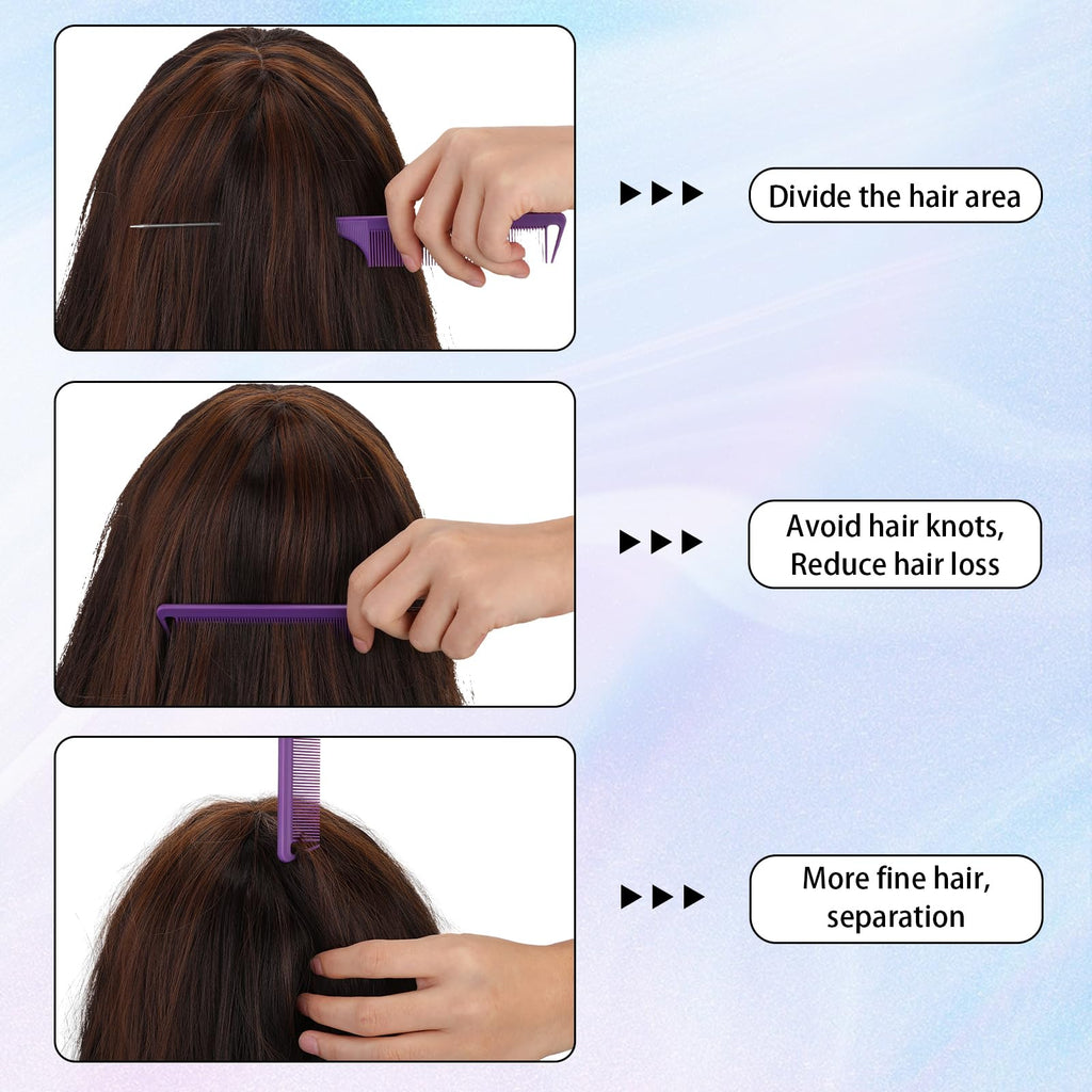 Uiifan 90 Pcs Hair Rat Tail Combs Metal Long Steel Pin Parting Comb Carbon Fiber Teasing Detangling Fine Tooth Comb for Braids Women Men Salon Hair Stylist, Black, Purple and Pink