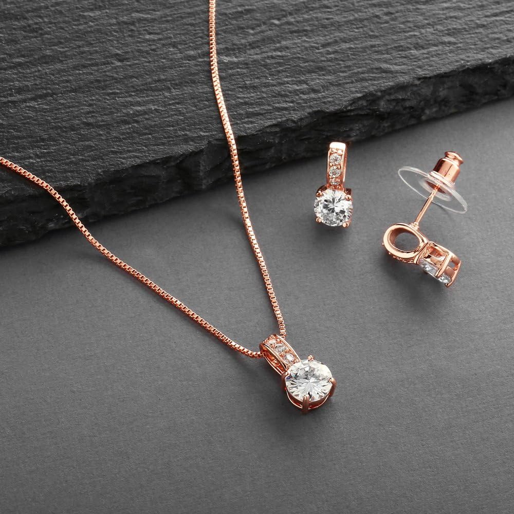 Mariell Rose Gold Round-Cut Cubic Zirconia Necklace Earrings Set for Brides, Bridesmaids & Everyday Wear