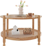 Solid Wood Round Coffee Table, 32 Inch 2-Tier Living Room Center Table with Woven Rattan Shelf, Modern Farmhouse Boho Design, Easy to Assemble, Natural Wood