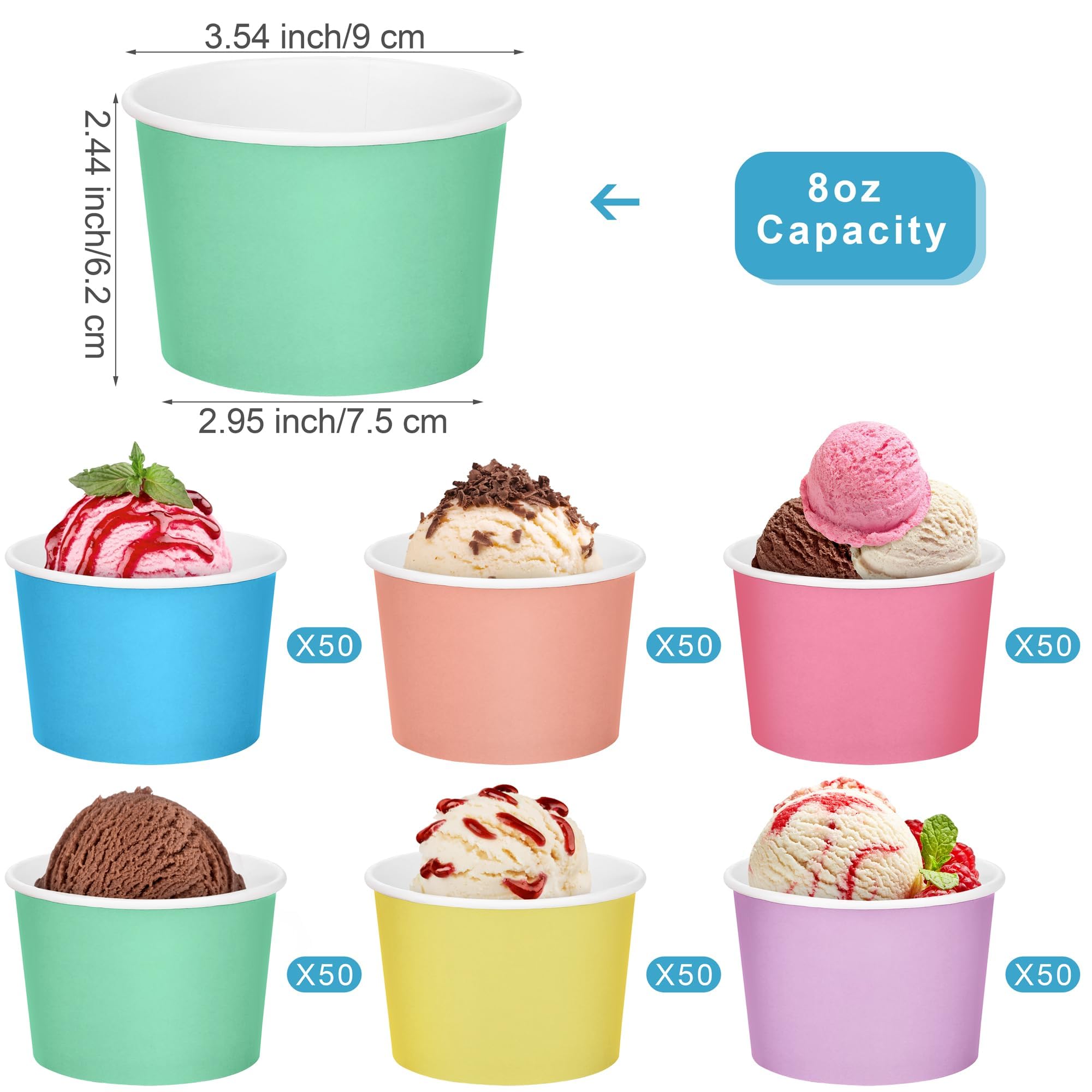 Aodaer 300 Pack Paper Ice Cream Cups 8oz Paper Snack Ice Cream Bowls Disposable Dessert Bowls for Hot or Cold Food Party Supplies Treat Cups for Sundae, Frozen Yogurt, Soup, 6 Colors