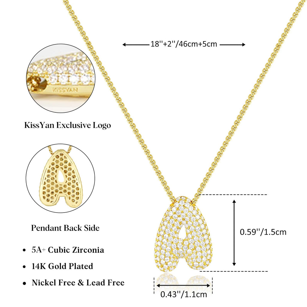 Collier Lettre Bulles KissYan, Pendentif Initiale Ballon Plaqué Or 14K, Collier Chaîne Boîte, Bijoux Délicats Pavé CZ, Cadeau pour Femmes (15mm A)