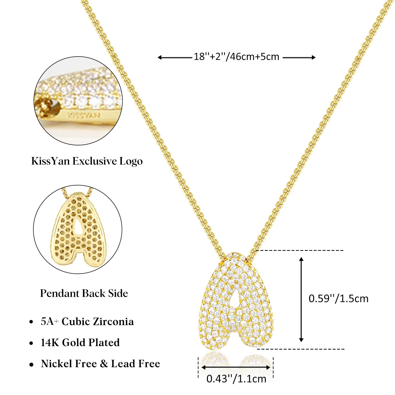 KissYan Bubble Letter Necklace, 14K Gold Plated Balloon Initial Pendant Box Chain Necklace Dainty Pave CZ Jewelry Gift for Women(15mm A)