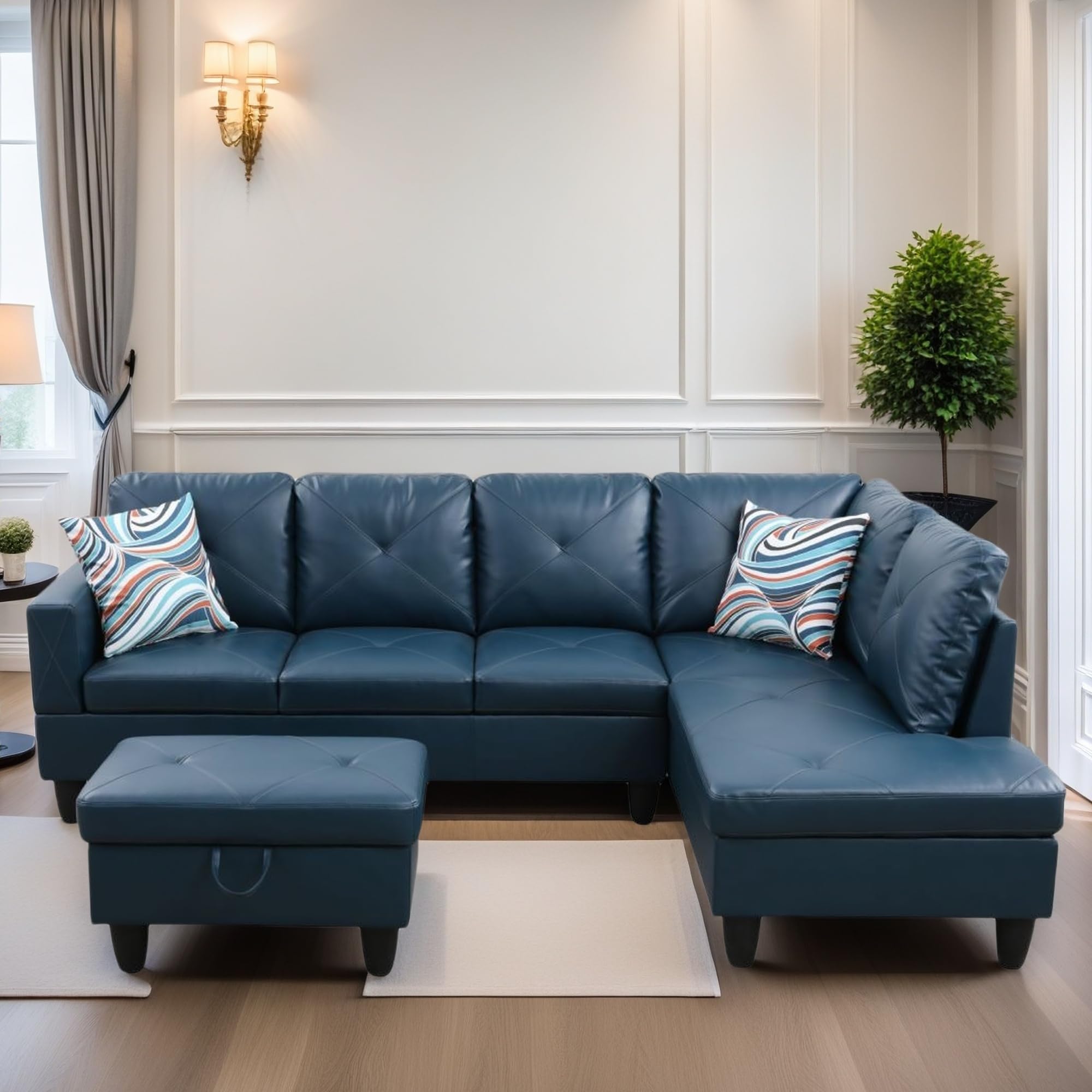 Leather Sectional Couch, Modern L Shaped Couches for Living Room, Comfy 4 Seat Modular Sectional Sofa with Ottoman Storage for Bedroom Apartment, Black