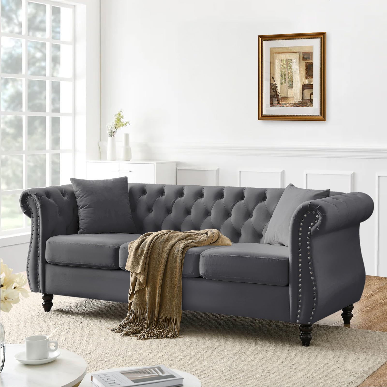 Chesterfield Sofa Couch,80" Button Tufted Velvet Sofa with Rolled Arms&Nailhead Trim,Comfy 3 Seater Sofa,Oversize Mid Century Modern Couch for Living Room,Bedroom,Apartment,Office(Black)