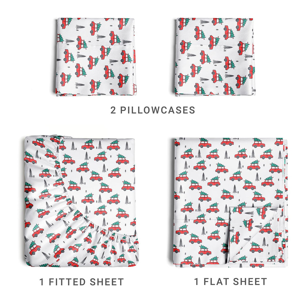 Komplet pościeli King Christmas Tree - Świąteczny wzór Xmas na lnie - Głębokie kieszenie - Dopasowany krój - 4 części - Bez zagnieceń - Wygodna i chłodząca świąteczna pościel zimowa - Łatwa w pielęgnacji - Przyjazna dzieciom