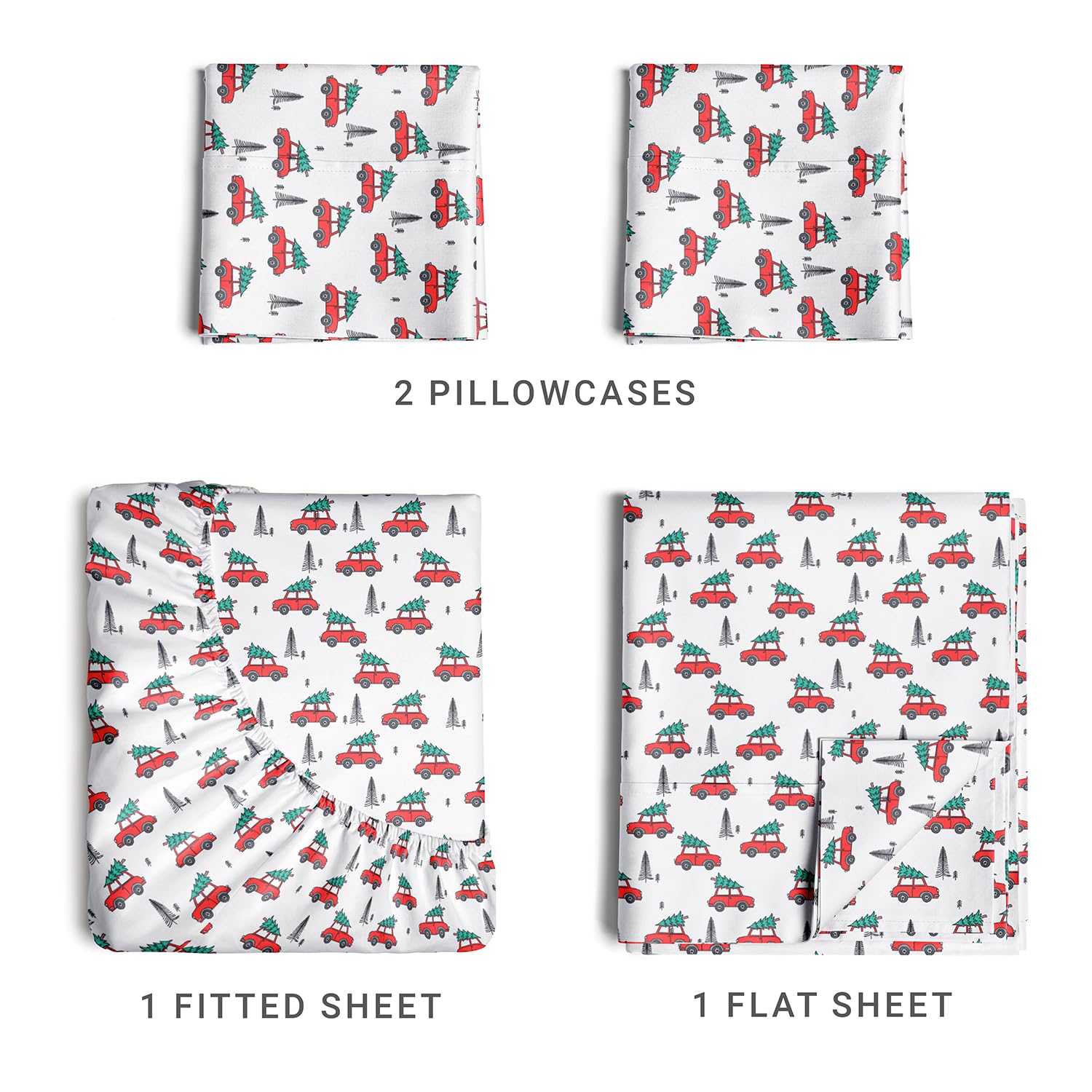 Komplet pościeli King Christmas Tree - Świąteczny wzór Xmas na lnie - Głębokie kieszenie - Dopasowany krój - 4 części - Bez zagnieceń - Wygodna i chłodząca świąteczna pościel zimowa - Łatwa w pielęgnacji - Przyjazna dzieciom