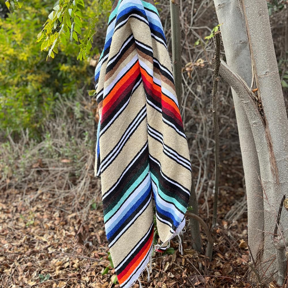 Open Road Goods Authentic Mexican Serape Blanket – 100% Cotton Falsa Blanket - Multi-Color Handmade Mexican Beach Throw (Tan/Beige)