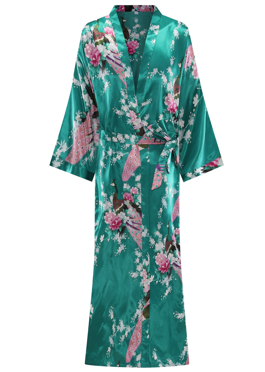 Women's Floral Long Satin Robes Plus Size Long Silk Robes Peacock Floral Kimonos Sleepwear Dressing Gown